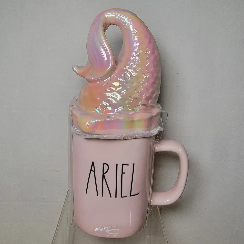 Rae Dunn x Disney Little Mermaid Pink Iridescent Mug w/ Tail Topper Lid - NEW